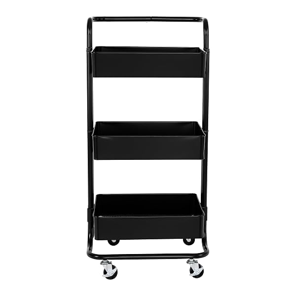 SEVILLE CLASSICS 3 BIN METAL ROLLING STORAGE UTILITY CART ORGANIZER TROLLEY W/LOCKABLE WHEELS FOR OFFICE, ART SUPPLIES, SCHOOL, SALON, KITCHEN, GARAGE, HOME, BLACK W/HANDLE