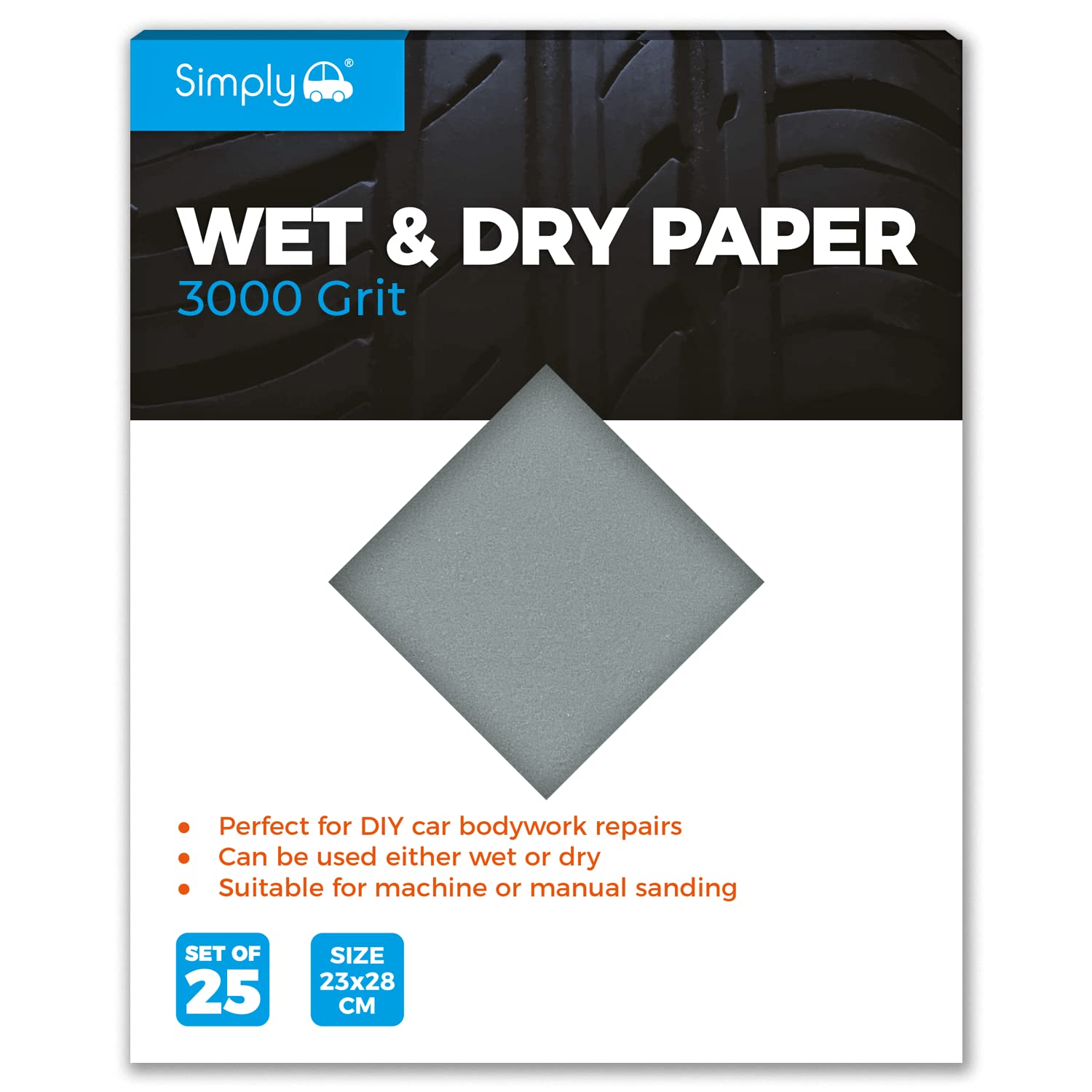 Simply WD3000 Wet & Dry Polishing Paper 3000 Grit, Pack of 25, 230mm x 280mm, Perfect for DIY Car Bodywork Repairs, Machine, Manual Sanding, Furniture and Home Improvement, Grau