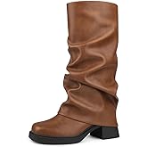 Cociy Fold Over Boots for Women Slouchy Booties Wide Calf Pleated Platform Boots Square Toe Chunky Stacked Motorcycle Riding Boots Low Heel Pull On Mid Calf Boots