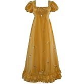 Mikan Tsumiki Regency Dresses for Women Elegant Ruffle Neck Puff Sleeve Empire Waist Dress
