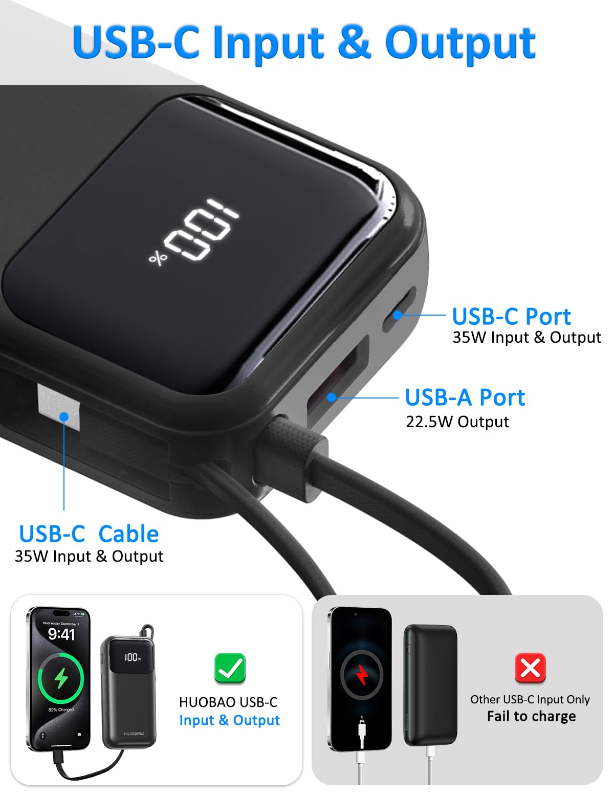 HUOBAO Power Bank 35W,10000mAh Powerbank eingebautem USB-C Kabel,Schnelles Laden mit 1 x USB-C, 1 x USB-A,Klein Externer Handyakku für iPhone 16/15/14/13/12/11/XS,Samsung/Android, iPad etc(Schwarz) 5