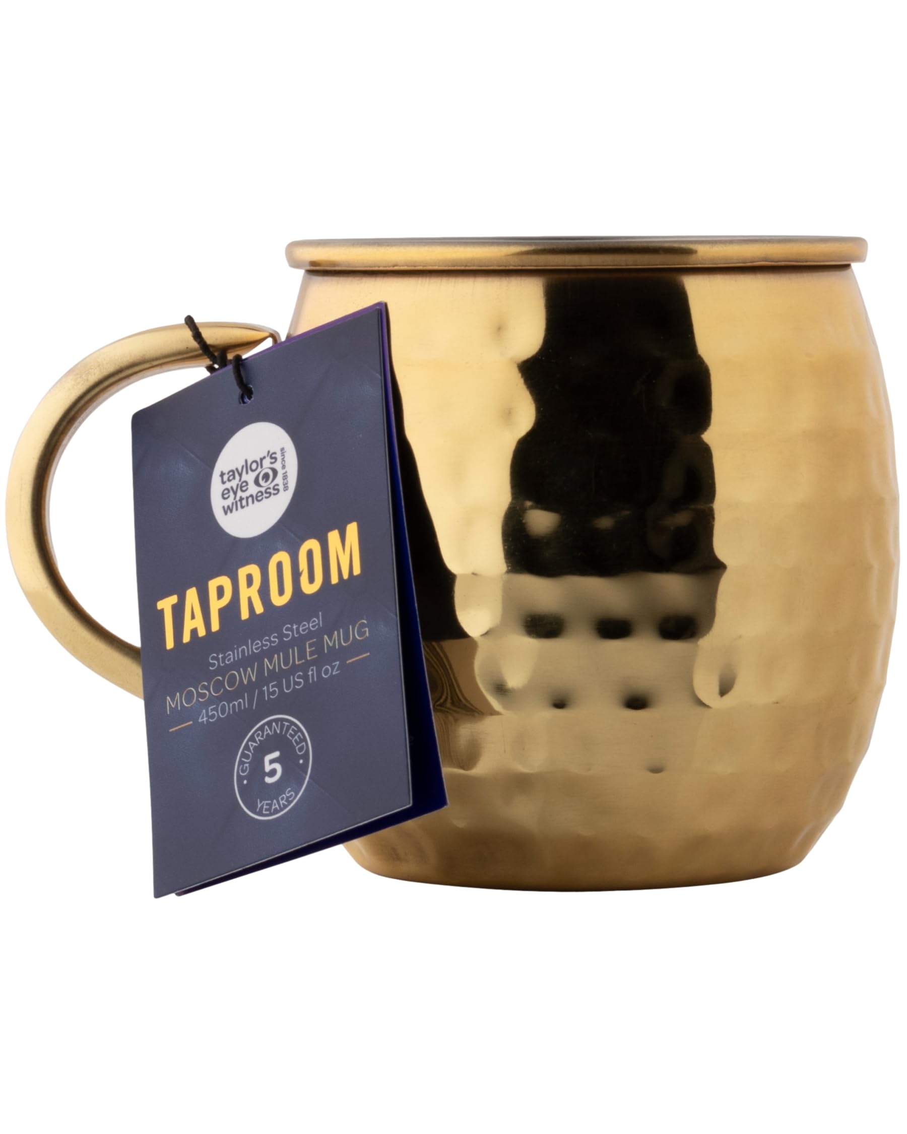 Taylors Eye Witness Taproom Gold Coloured Stainless-Steel Cocktail Moscow Mule - 500ml (17fl oz) Hammered Stainless Steel Mug with Handle, for Cocktails, Whiskey, Beer, Ice Drinks.