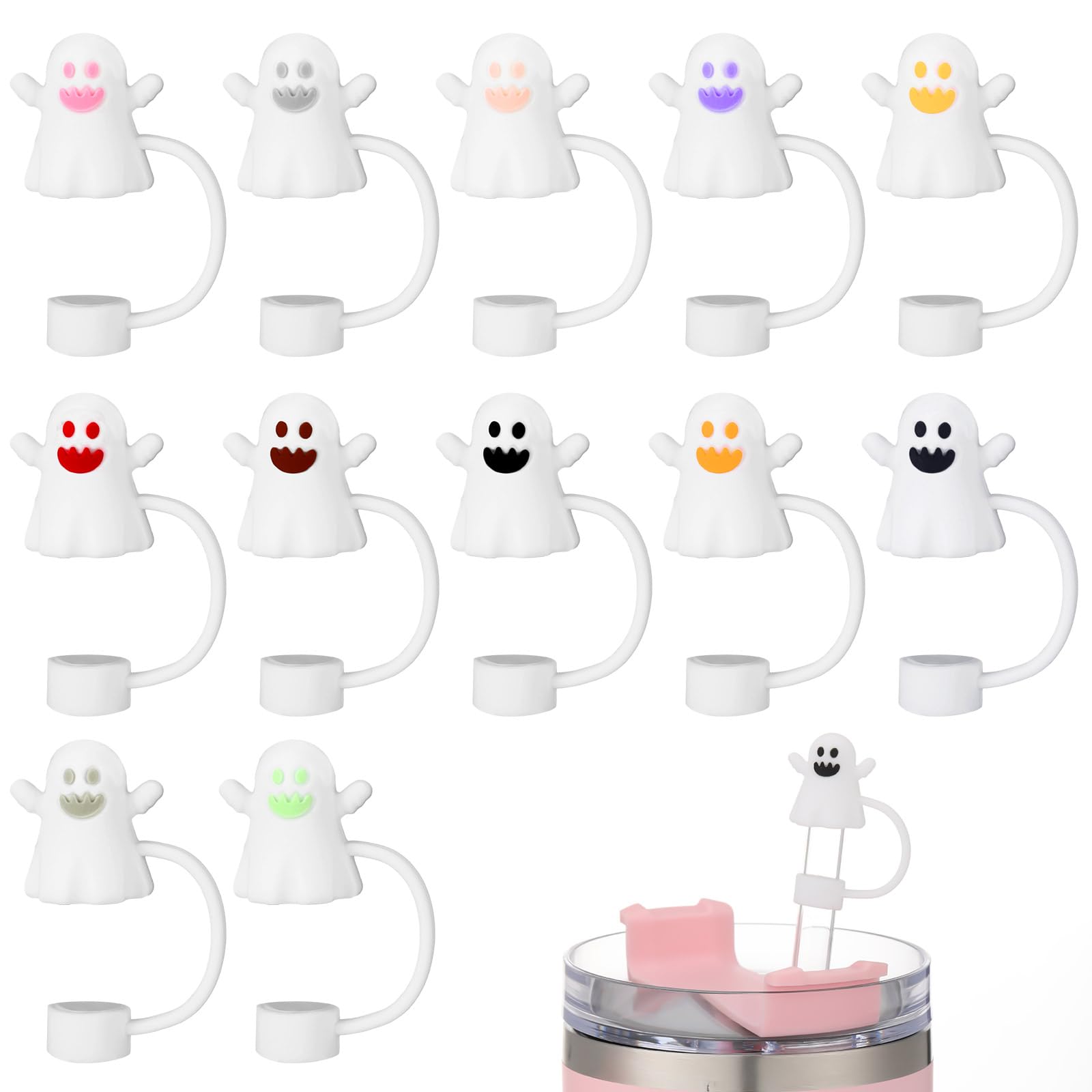 Photo 1 of 12 Pcs Halloween Cute Ghost Straw Covers Cap Compatible with Stanley Cup 30 40 oz Halloween Silicone Straw Toppers Reusable Drinking Straws Topper for Water Bottle Tumbler Accessories Gifts