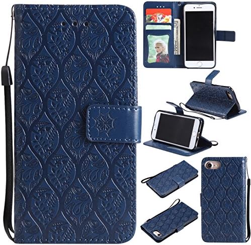 iPhone 8 Wallet Case iPhone 7 Case LEMY JOURNEY Vintage Emboss Floral PU Leather&amp;Soft TPU[Card/Cash Slots][Wrist Strap]Wallet Magnetic Flip Case For iPhone 8/7(FV-DARK BLUE)