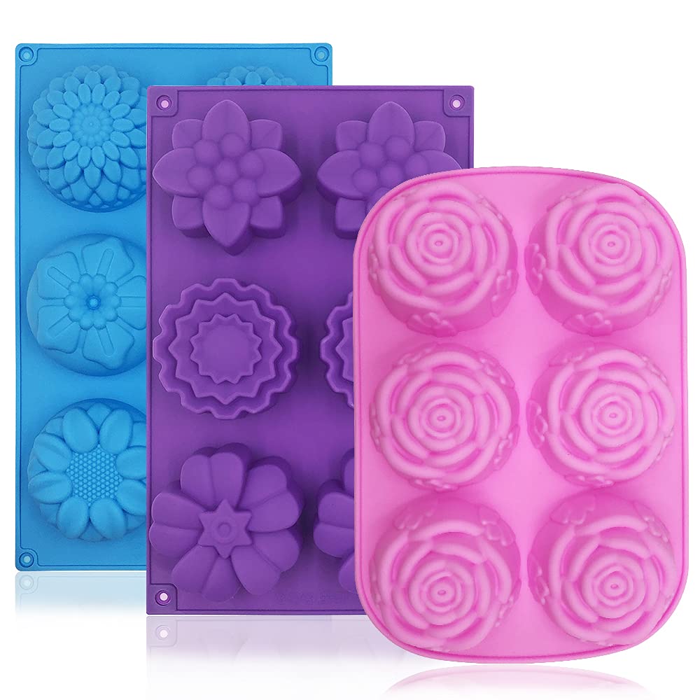AIFUDA 3 Pcs Soap Moulds, 6 Cavity Silicone Flower Moulds Baking Molds Making Soap, Muffin, Trays Cupcake, Cake, Mooncake