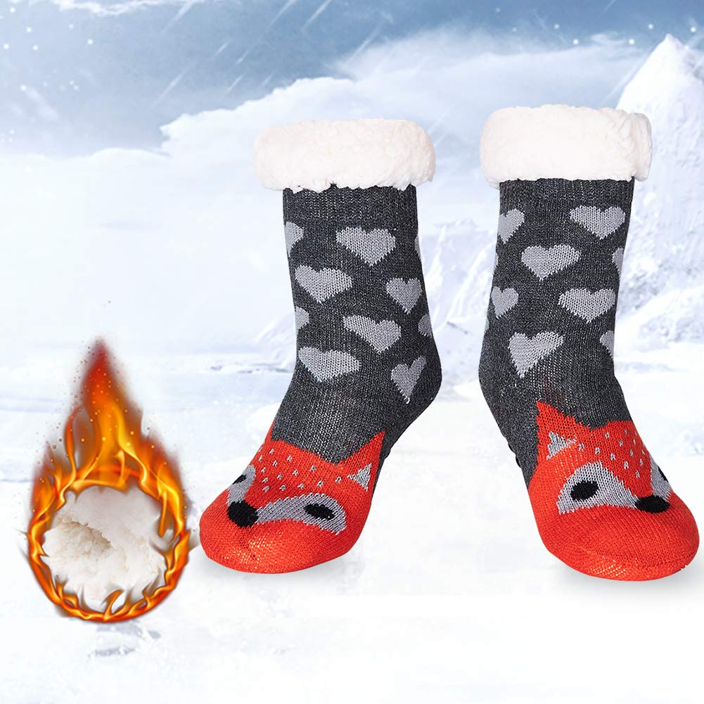 RAISEVERN Girls 3D Animal Printed Fluffy Slipper Socks Cute House Anti Slip Lounge Socks Gray Heart Orange Fox Boys Christmas Holiday Festive Crazy Cozy Warmth Kniting Hosiery With Sherpa Lining