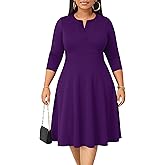 Runwind Plus Size Midi Dress for Women Casual Cocktail Church 3/4 Sleeve V Neck Work A-Line Dresses with Pockets