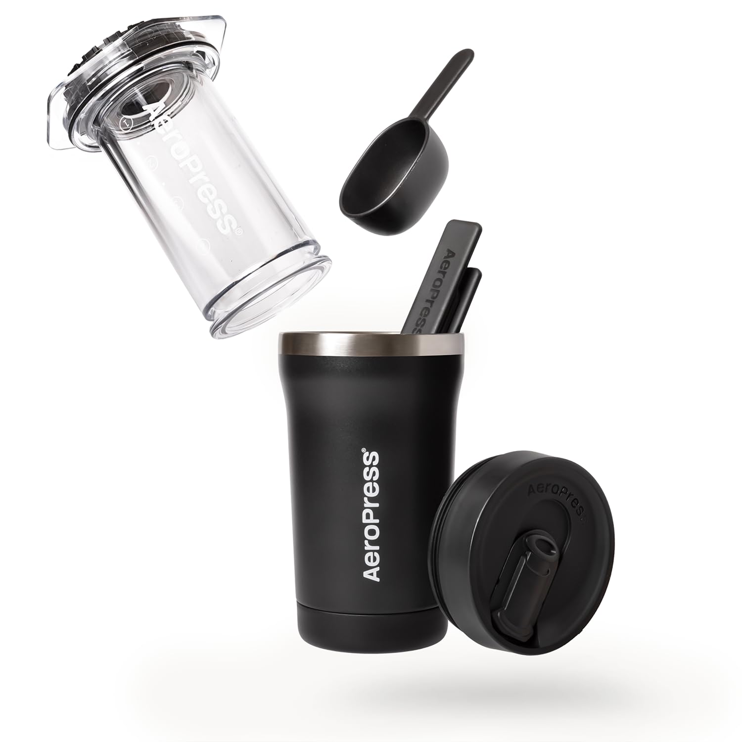AeroPress Go Plus, pequeño kit de cafetera portátil, viajes, camping y oficina, prensa francesa todo en uno, cafetera manual estilo vertido y espresso, preparación de 2 minutos para menos amargura, más sabor, negro