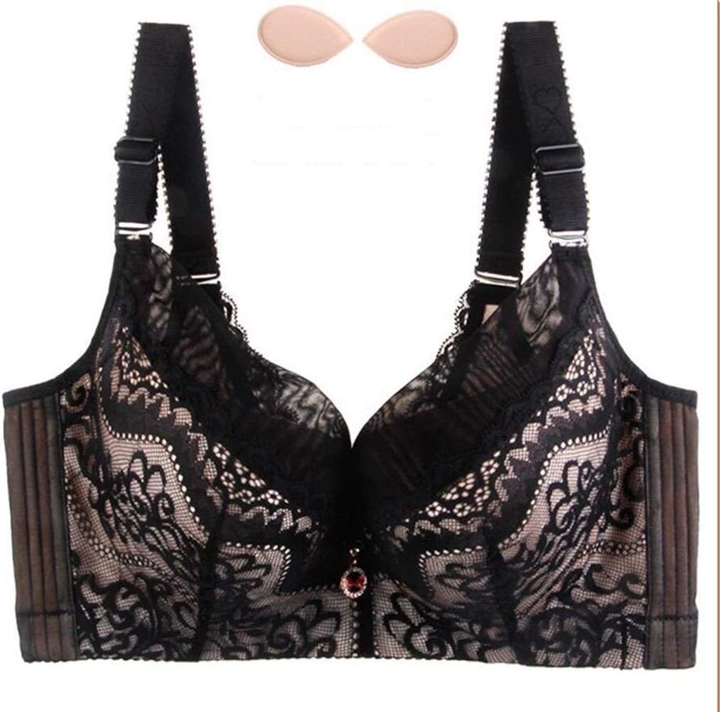 YuJian12 Women's Large Size Bra Cups with Steel Rings Gathered Adjustable Anti-sag Full Cup Lace Bra Comfortable and Breathable (Color : Through Black, Size : 36-80E)