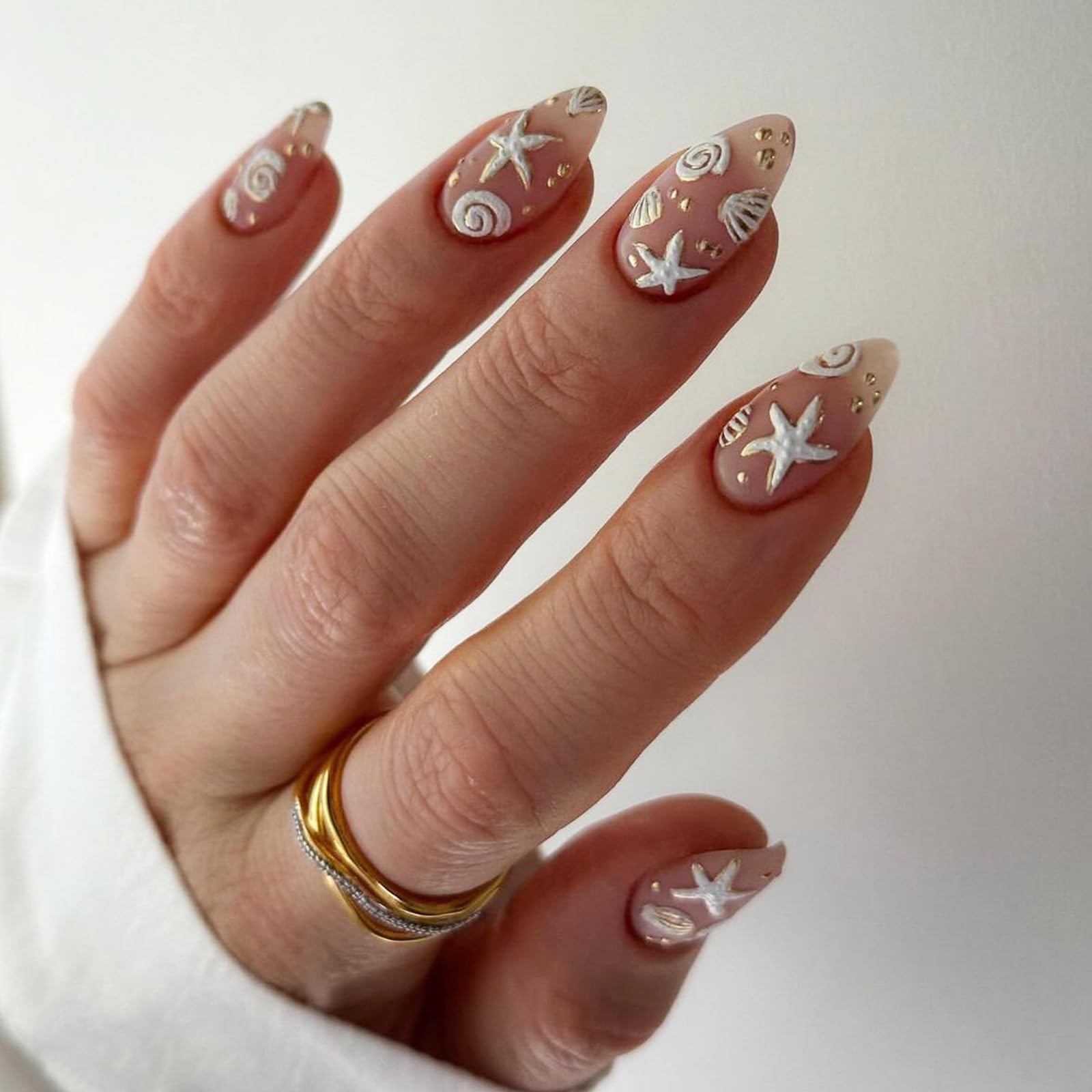 IMRAIN Almond Press on Nails Medium Fake Nails with 3D Sea Star & Shell Designs Full Cover Glue on Nails Matte Nude Artificial False Nails for Women and Girls 24Pcs Cute Stick on Nails - Image 2