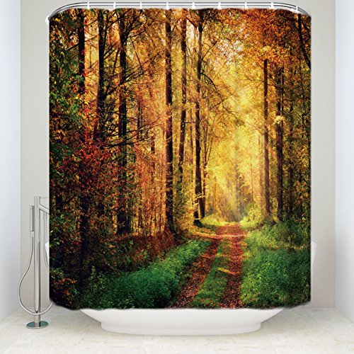 Fabric Shower Curtain Set with Hooks Waterproof & Anti-Mildew Polyester for Bathroom Showers and Bathtubs, Autumn Forest Path Art Lanscape (72x96 inch Extra Long) - Thumbnail 7