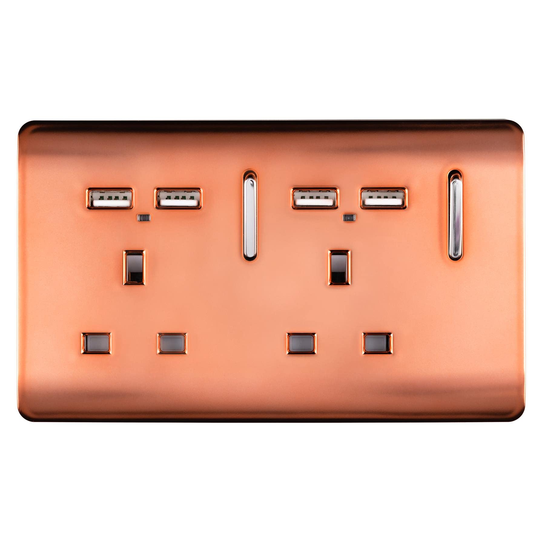 Trendi 2 Gang Artistic Modern Glossy Screwless Raised 13 Amp 240v Short 4 USB Type A Charging Points Double Chrome Switched Electrical Wall Plug Socket Copper - ART-SKT213USBCPR