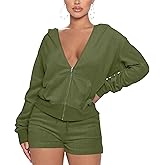 SMSN Women 2 Piece Outfits Sweatsuit Shorts Sets, Velvet Tracksuit Long Sleeve Hooded Zipper Jacket Casual Sweat Set