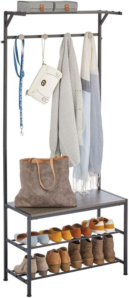 mDesign Coat Rack and Bench Organizer System Storage Unit, 4 Hooks Holds Jackets, Scarves, Purses, Hats, Leashes, Shoes, Boots for Bedroom, Hallway, Entryway 2-Tier Storage Bench- Black/Gray Wood Wash: Home & Kitchen