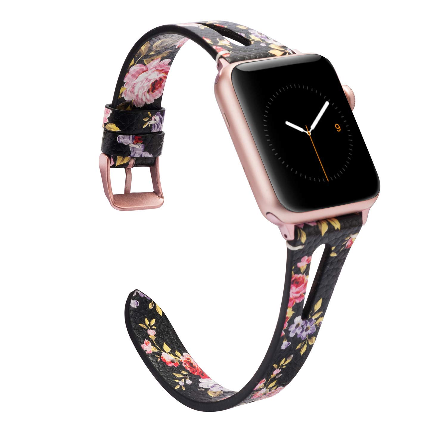 Wearlizer Pink Flower Leather Strap for Apple Watch Strap 41/38/40/42mm iWatch Womens Triangle Hole Sport Straps Wristband Replacement Bracelet (Metal Silver Buckle) SE Series 11 10 9 8 7 6 5 4 3 2