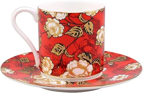 Amazon 陶器 個性 マグカップ Mugs コーヒーカップ ギフト食器 サーモスタンブラー ソーサーの曇りのローズのパターン英語 午後のティーカップのコーヒーカップと受け皿 大容量 贈り物 人気 景品 贈答品 男性 女性 Color Red カップ ソーサー オンライン通販