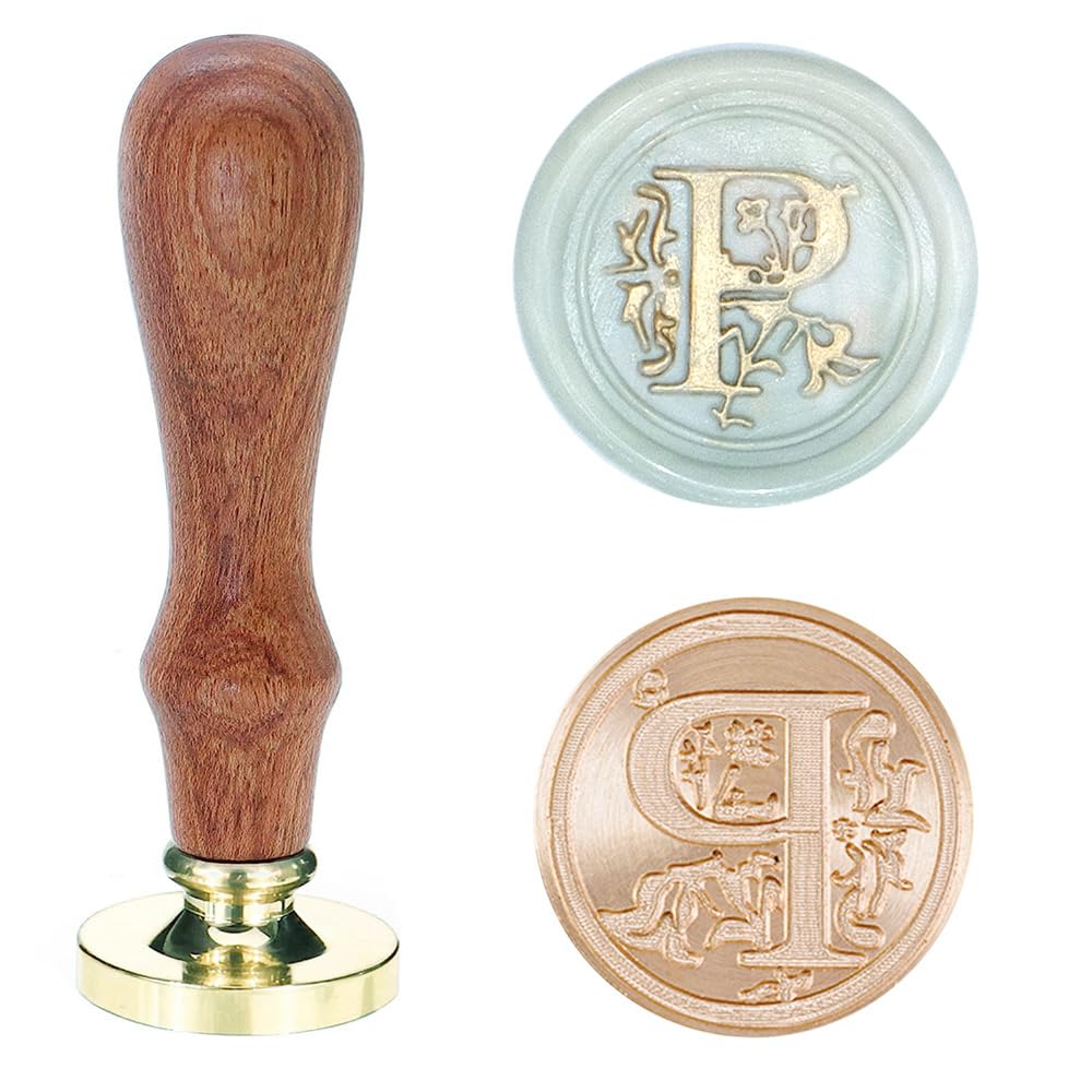 Poemluve Wax Seal Stamp Alphabe Letters P 25mm Initials Vintage Sealing Wax Stamps Brass Head with Removable Wood Handle for Scrapbooking, Wedding Invitation, Gift Wrap, Envelope (Letter P)