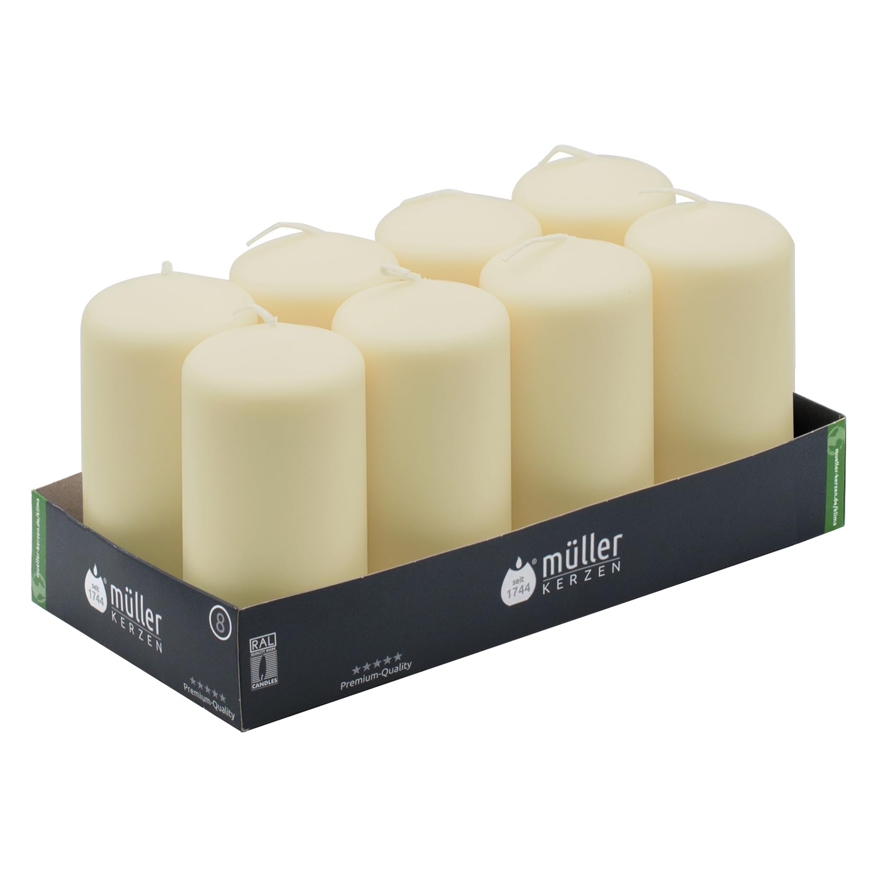 Müller Unscented Pillar Candles - Ivory - Set of 8 in Bulk - 5,7 x 12 Cm - 32 Hours Long Burning Decorative Candles - Dripless Wax - Smokeless Wick - RAL Quality - Made in Germany — image 1