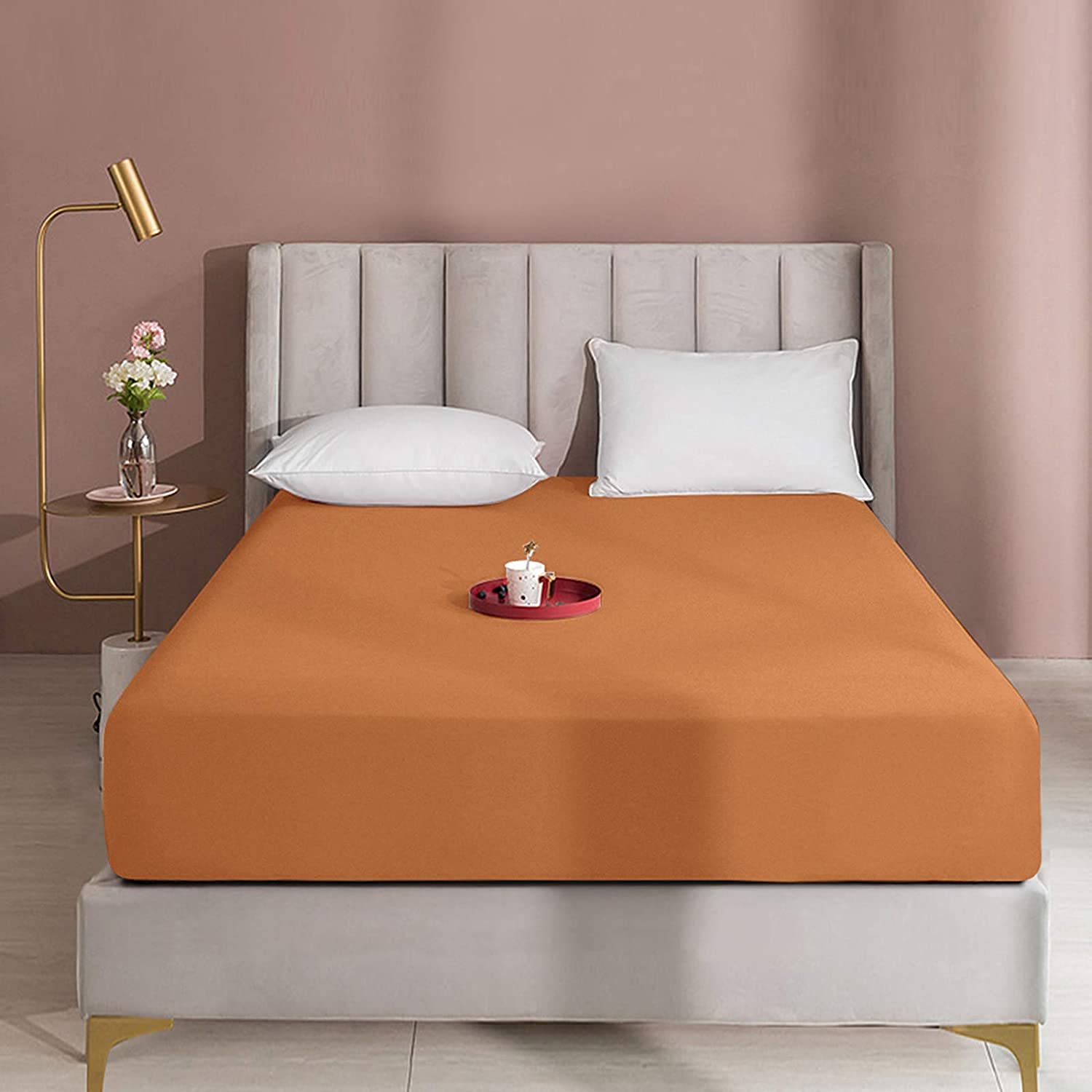 Queens Land Home Extra Deep 16"(40cm) Non Iron Percale Plain Pollycotton Fitted Sheet-(Double, Latte) — image 1