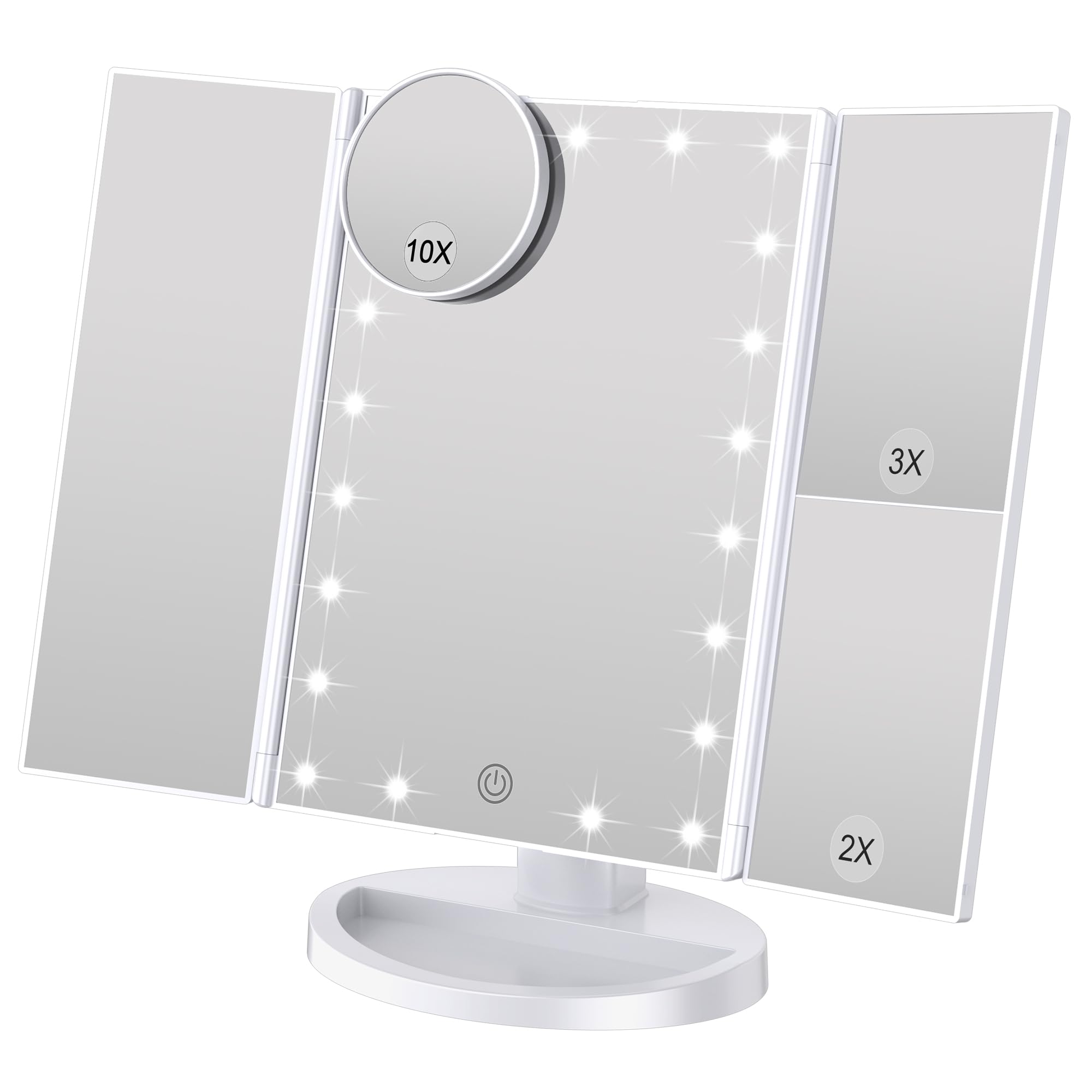 WEILY Tri-fold Vanity Mirror, 21 LEDs and 2X/3X Magnification, Touch Switch for Adjusting Brightness, Dual Power Supply mode Makeup Mirror (White)