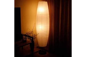 Rice Paper Lantern Floor lamp, Japanese Floor Lamp Rice Shade, Tri-Color Dimming, Standing Lamp with Two 16W LED, Soft Ambien
