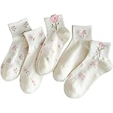 CazDopaM 5 Pairs Floral Ankle Socks for Women Cute Flower Bowknot Patterned Low Cut Cotton Casual Socks