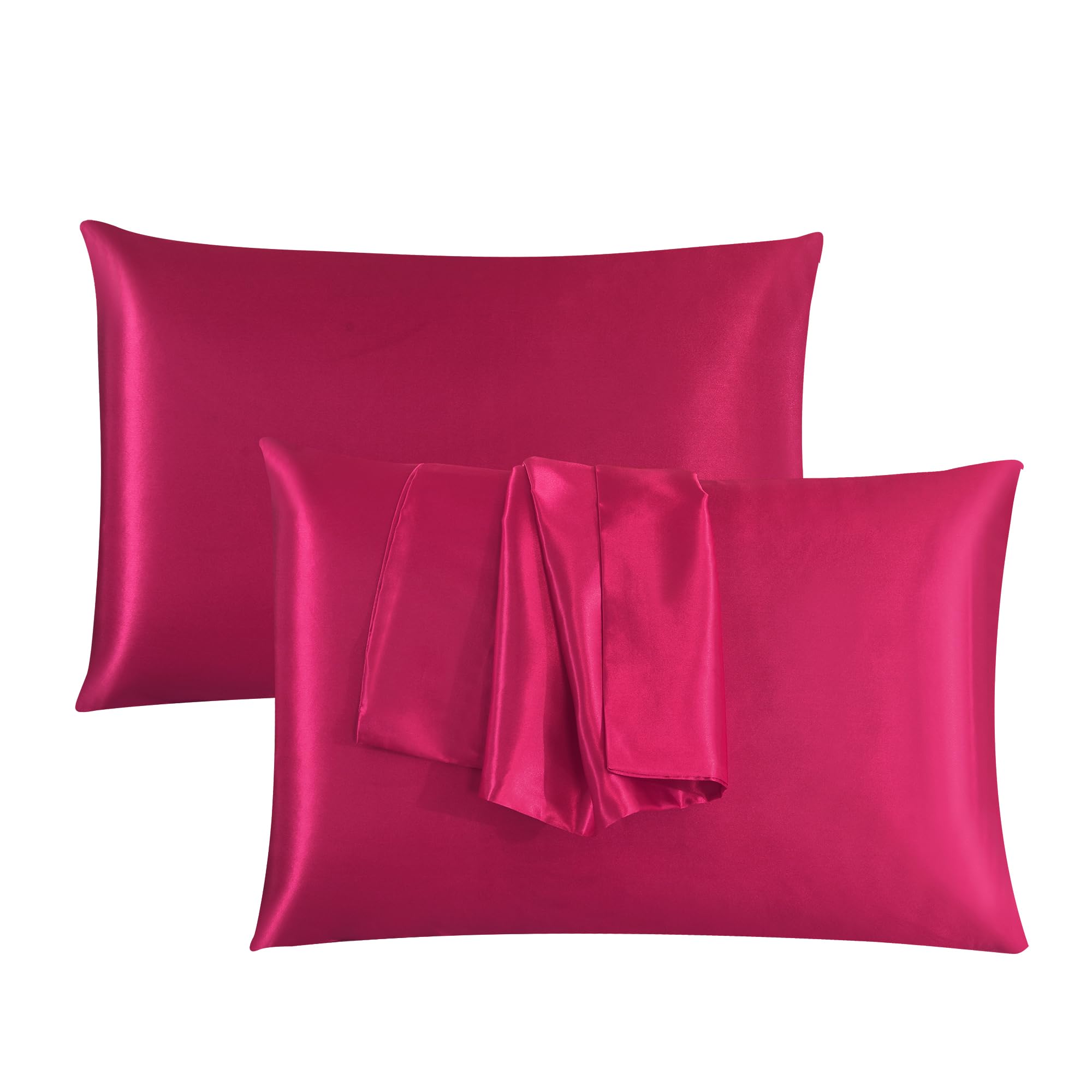 ROOEE Satin Silk Pillowcases for Hair and Skin 2 Pack Standard Size 50x75cm Envelope Closure Pillow Case (FUCHSIA)