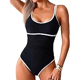 EHSUYAB Womens Modest Color Block One Piece, Full Coverage Tummy Control Bathing Suit, Slimming Long Torso Sporty Swimsuits