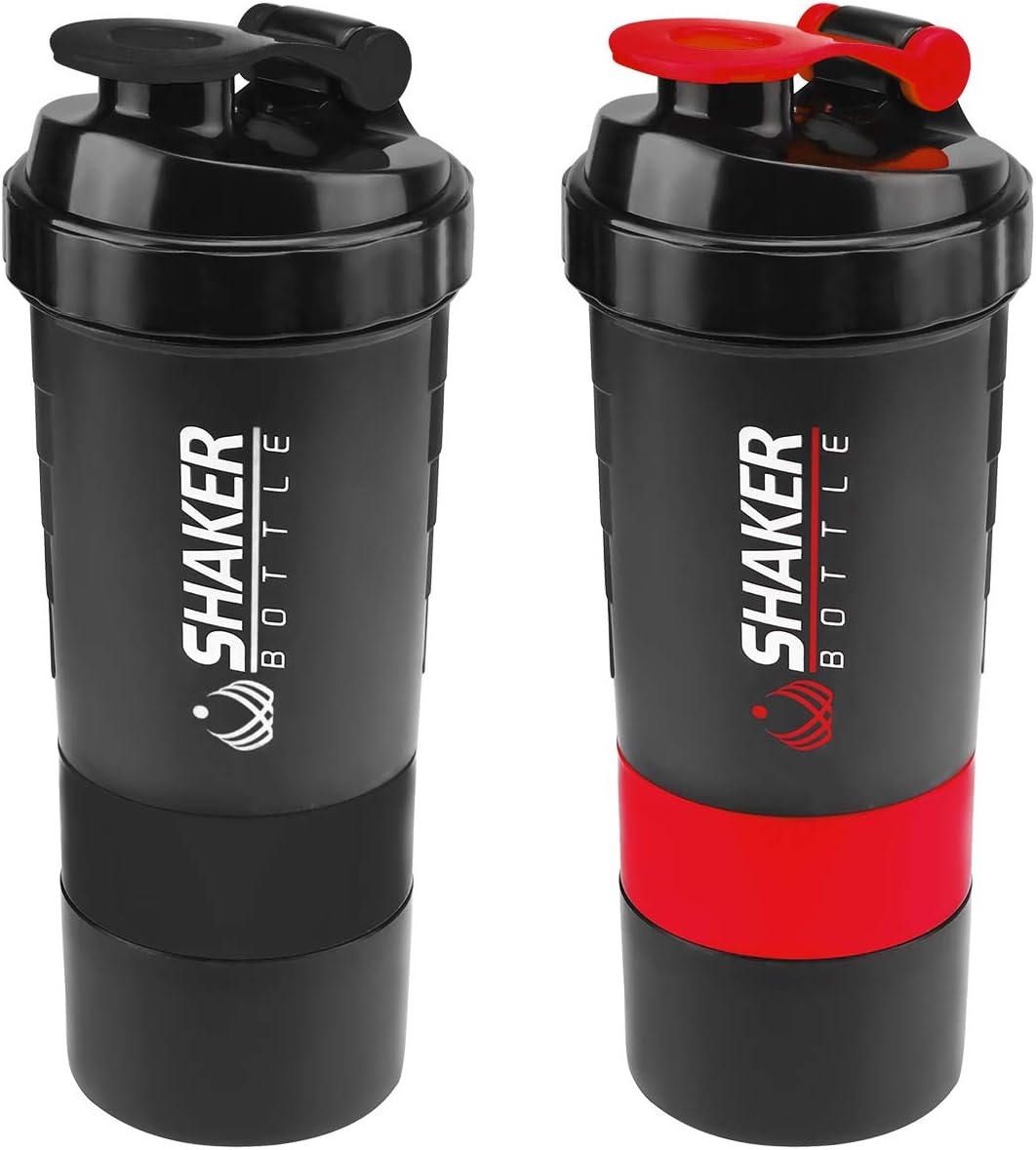 VIGIND 2 Pack 22 OZ Protein Shaker Bottles Fitness Sports Nutrition Supplements Mix Shake Bottl with 16oz Shaker Bottle and 3-Layer Twist Lock Storage, 100% BPA-Free Leak Proof (Black+Red)