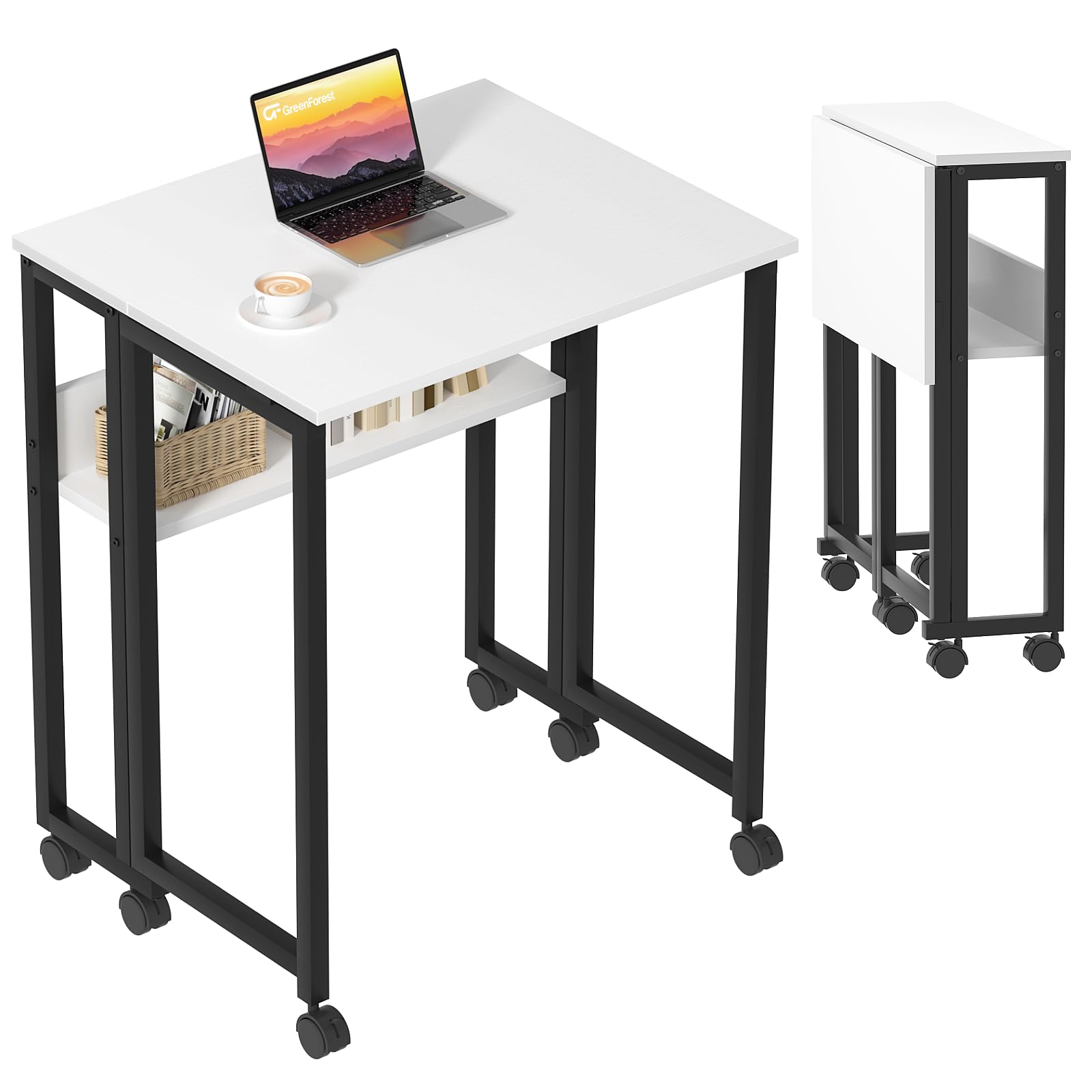 GreenForest Folding Desk Small Rolling Desk with Storage Shelf, 31.5 inch Foldable Computer Desk with Wheels for Small Space, Easy Assembly,White