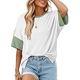 Dokotoo Womens Tops Oversized Trendy Shirts 2026 Summer Color Block Crewneck Business Casual Womens Blouses S-2XL