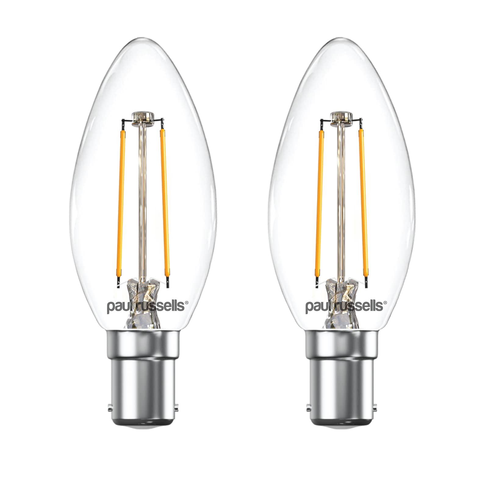 paul russells LED Candle Filament Light – 2.5W 25W Equivalent Replacement, 250LM Lumens, 2700K Warm White, SBC B15 Small Bayonet Cap C35 Bulbs – Bright Energy Saving Non-Dimmable Lamps - Pack of 2