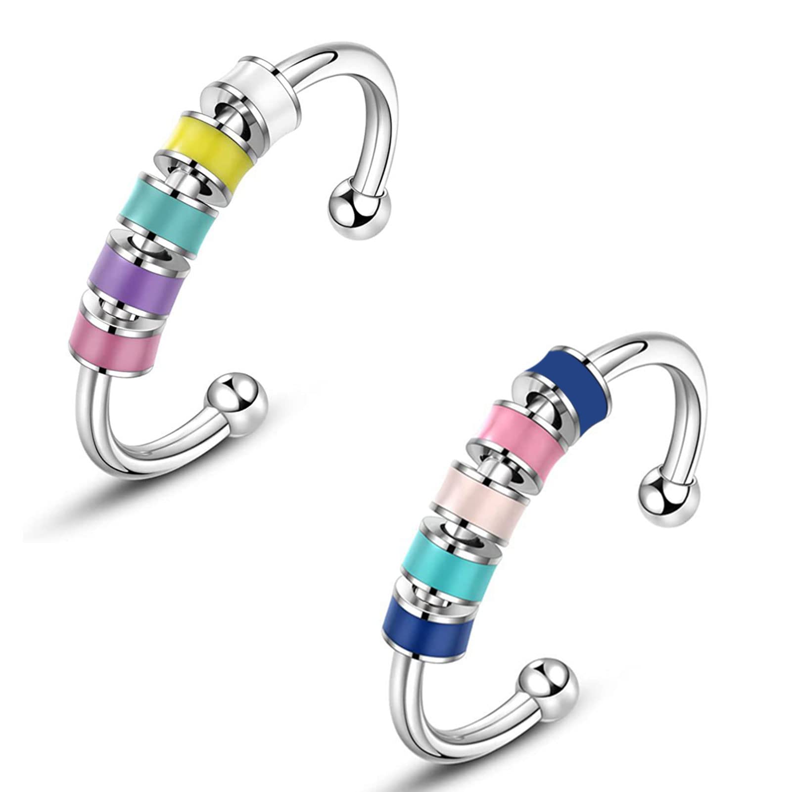 2Pcs Spinning Enamel Fidget Ring, Anxiety Relief Ring Adjustable Fidget Ring Roll Anti-anxiety Spinner Fidget Rotating Ring Stress Relief Rings Bead Spinner Ring for Adults Women