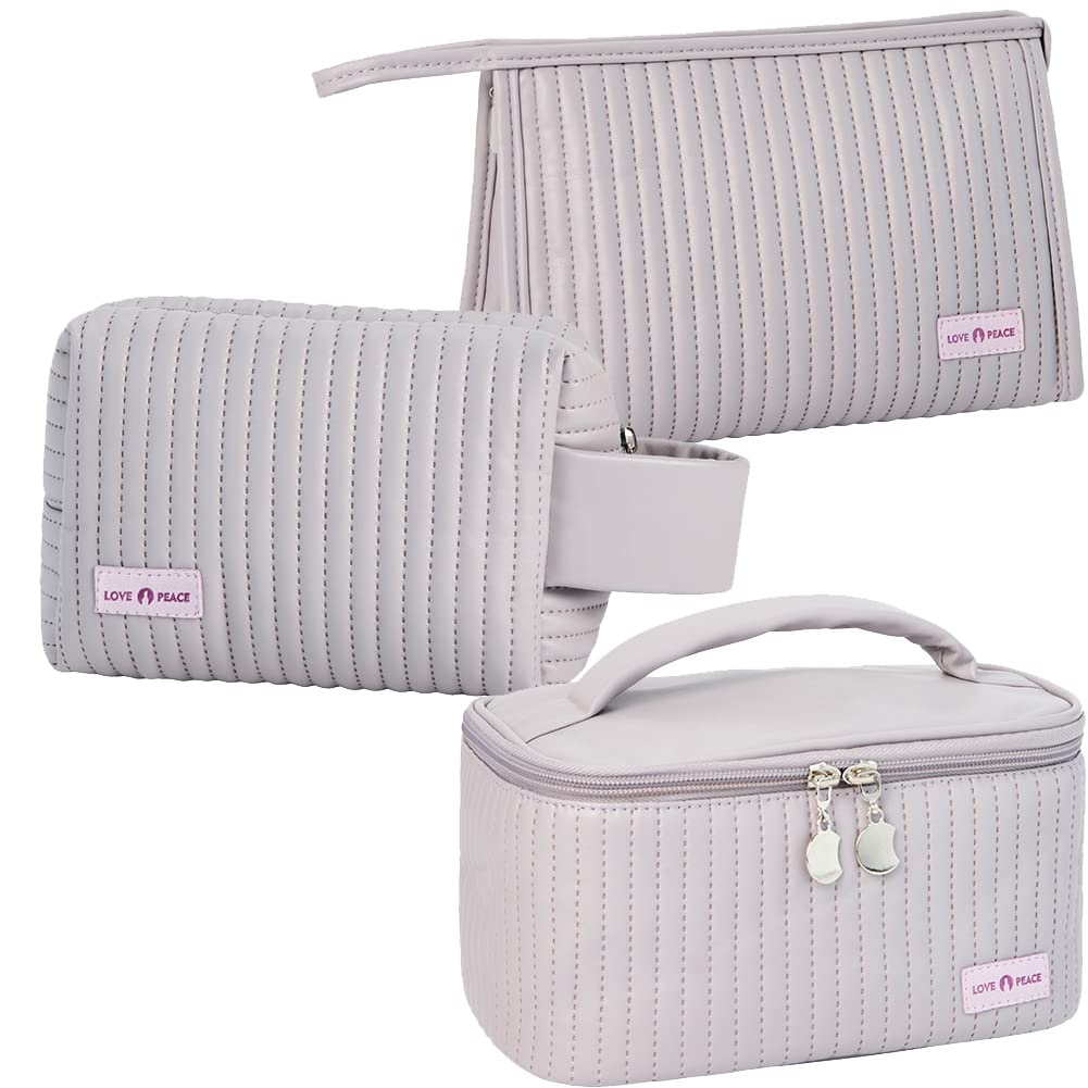 Linpr Makeup Bag 3 Pcs Cosmetic Bags Set, PU Striped Leather Toiletry Bag, Portable Waterproof Travel Makeup Organizer, Cute Make up Bags for Women and Girls (Light Purple)