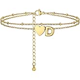 Initial Ankle Bracelets for Women, Dainty Stainless Steel Letter A-Z Layered Anklets, Heart Ankle Bracelet 8.5"-10.5" Adjustable, Summer Beach Jewelry, Come with Box