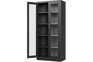 PEUKC Display Storage Cabinet with Glass Door, 67 Inches Metal Curio Cabinet with 4 Adjustable Shelves, HD Tempered Glass Display Case for Home, Office, Clinic, Pantry, Assemble Required (Black)