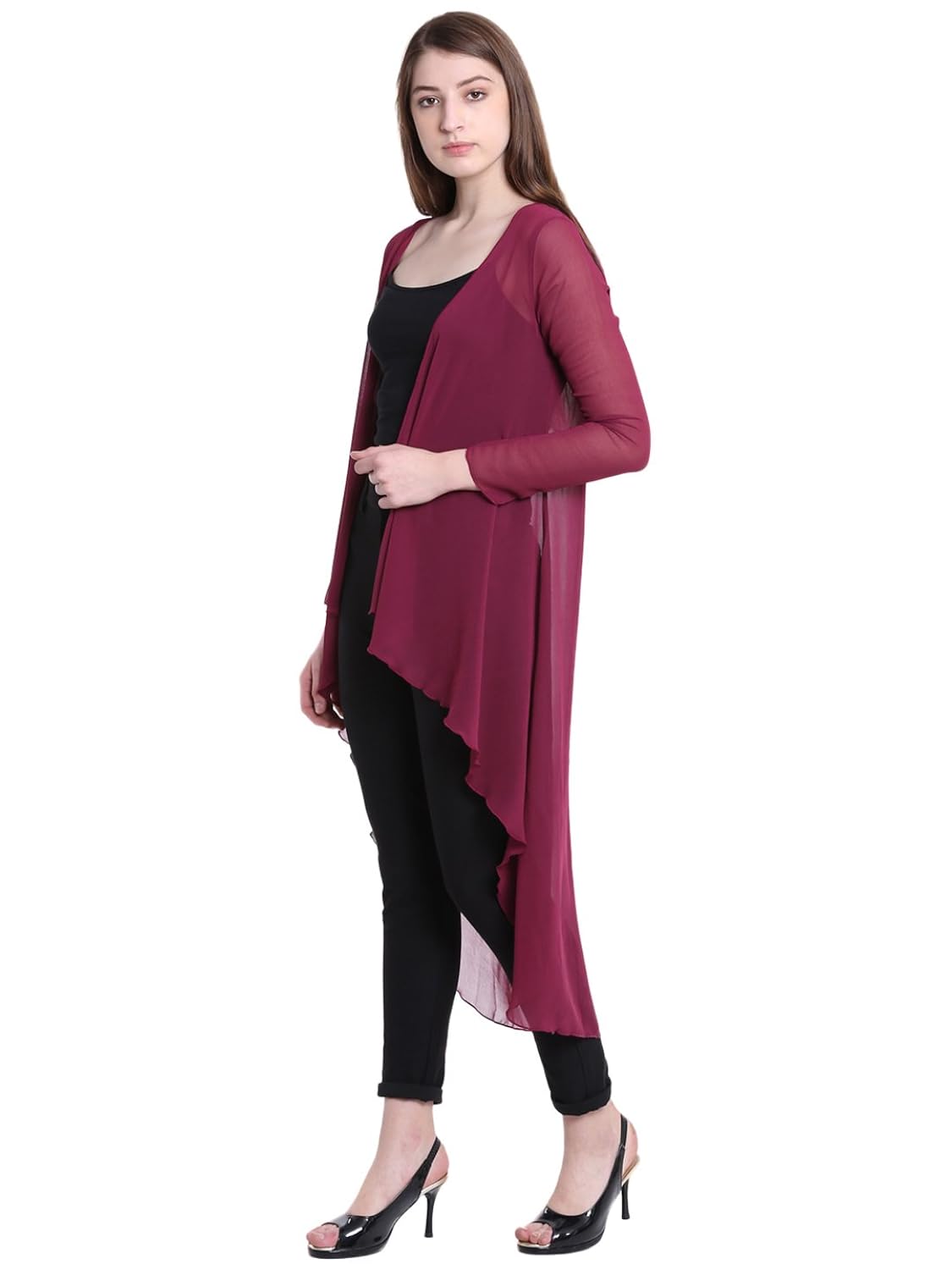 gj couture women's georgette maroon solid full sleeves regular shrug