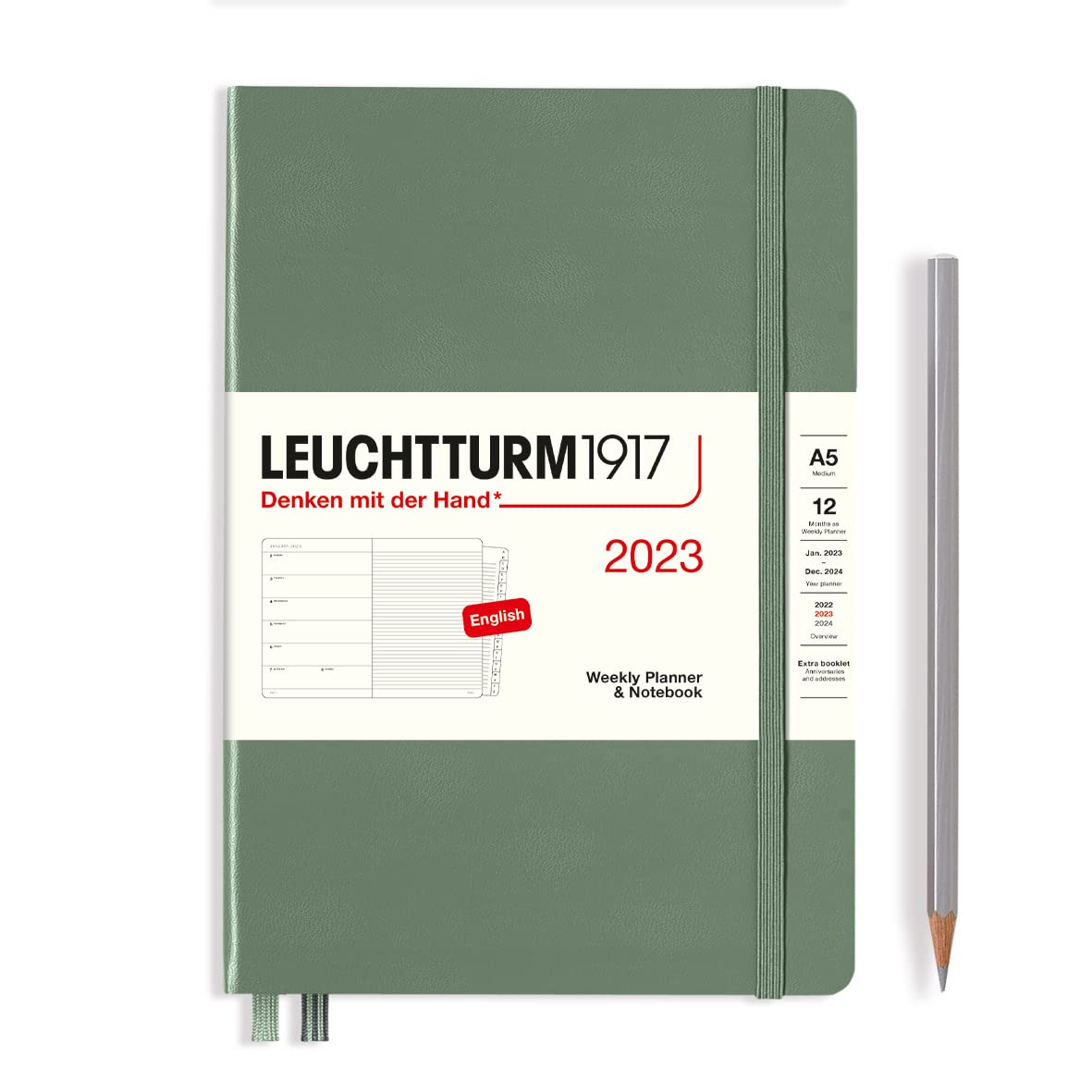LEUCHTTURM1917 365884 Weekly Calendar & Notebook Medium (A5) 2023, 12 Months, Olive, English