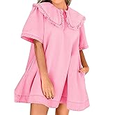 Wenrine Womens Summer Denim Mini Dress Oversized Peter Pan Collar Short Sleeve Casual Flowy Babydoll Jean Dresses