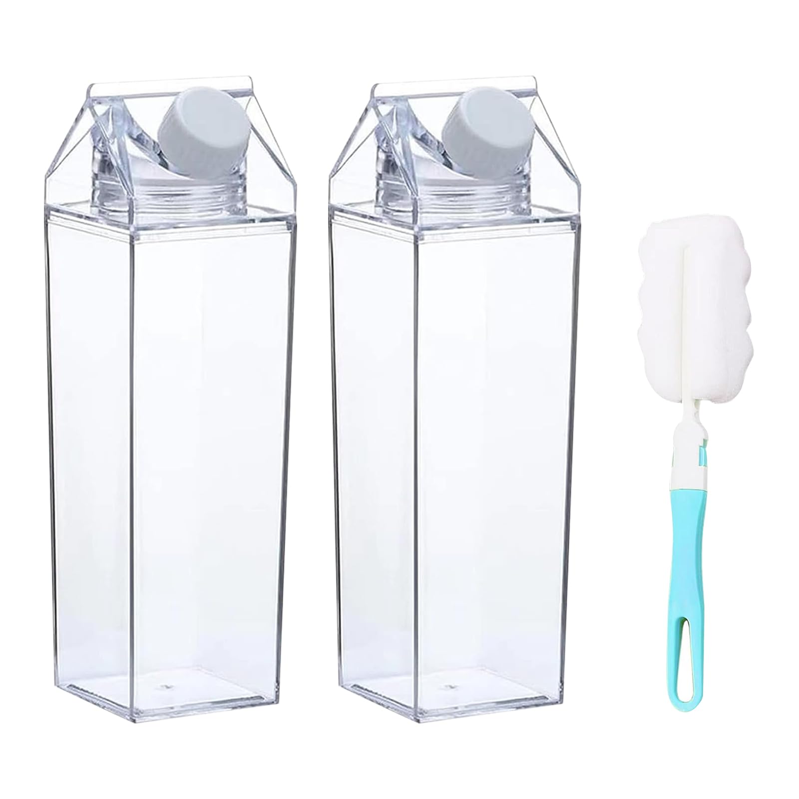 QISF 2 Pack Milk Carton Water Bottle 1000ml, Clear Square Milk Bottles, Portable Juice Bottles , Reusable Creative Eco Leakproof Bottles with Brushes, for Camping Activities Outdoor Sports Travel