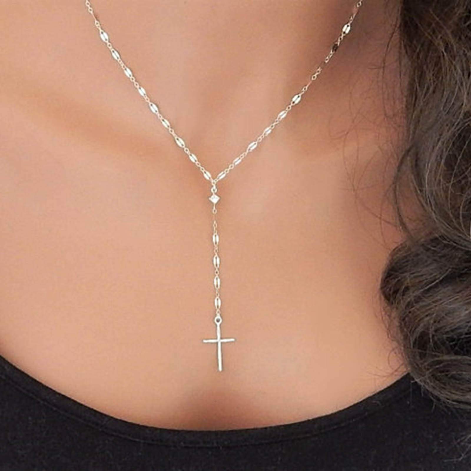 Yienate Vintage Cross Y Necklace Chain Dainty Lasso Cross Pendant Charm Minimalist Necklace Jewelry for Women and Girls (Silver)