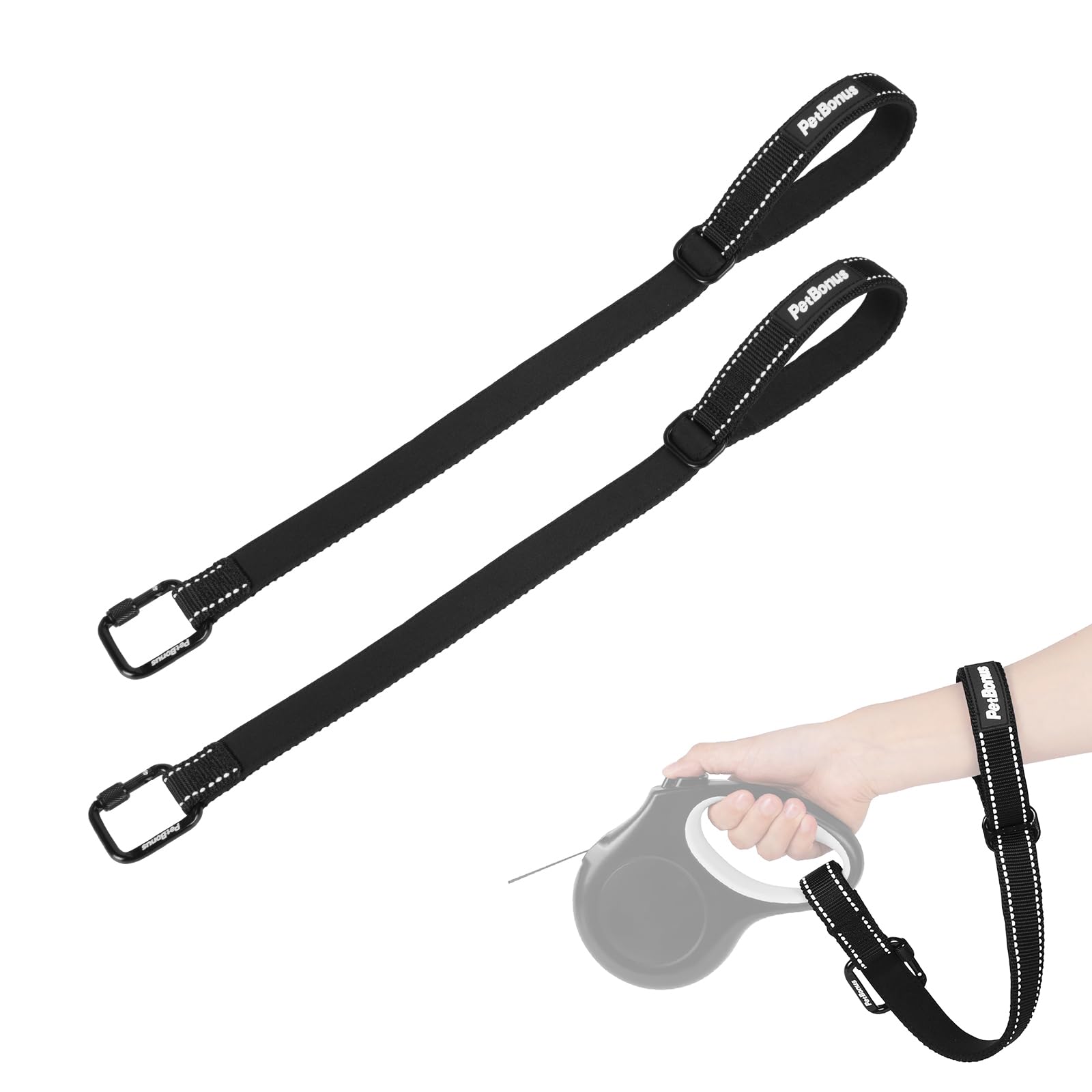 PetBonus Dog Lead Wrist Strap, Safety Strap for Retractable Lead, Lockable Reflective Short Dog Walking Leash with Adjustable Soft Padded Handle, Extra Layer Security for Pet Stroller (Black, Black) — image 1