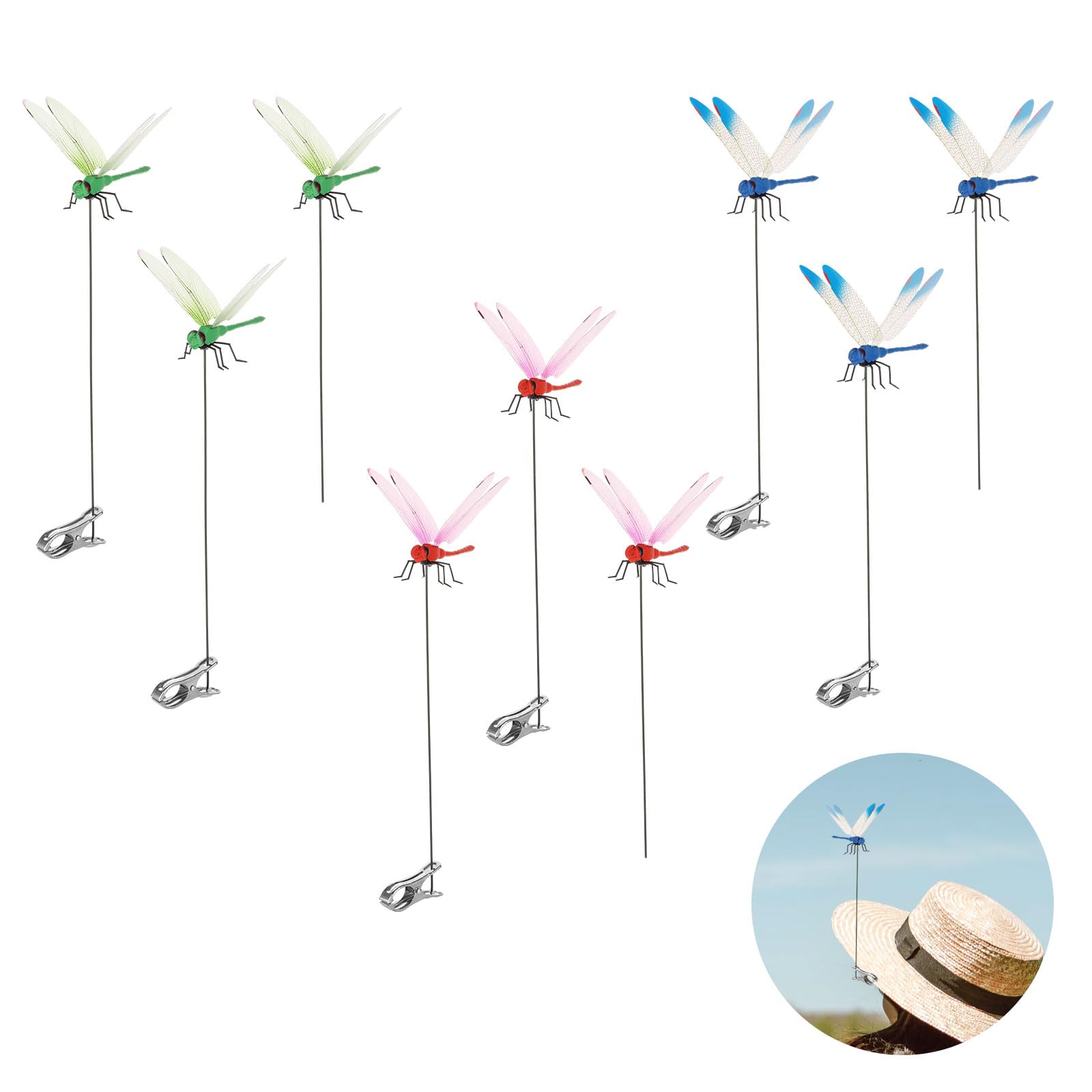 NQEUEPN 9pcs Dragonfly Clips, 3D Dragonfly Garden Decor Lifelike Dragonfly Stakes on Sticks Pole Garden Ornaments for Outdoors Patio Lawn Yard Decorations, 3 Colors