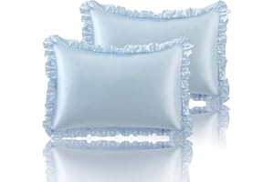 SiinvdaBZX Ruffled Standard Satin Pillowcase Set of 2, Baby Blue Silky Satin Pillow Cases for Women Ruffle Pillow Shams Covers Princess Room Decoration, with Envelope Closure