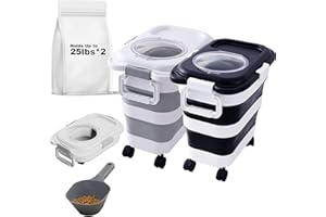 SEWIU 2pack 25 lbs Dog Food Storage Container,Collapsible Dog Food Container with Scoop,Pet/Dog/Cat/Bird Food/Cat litter Storage Containers to Keep Dry,Easy to Move.(Black+white)