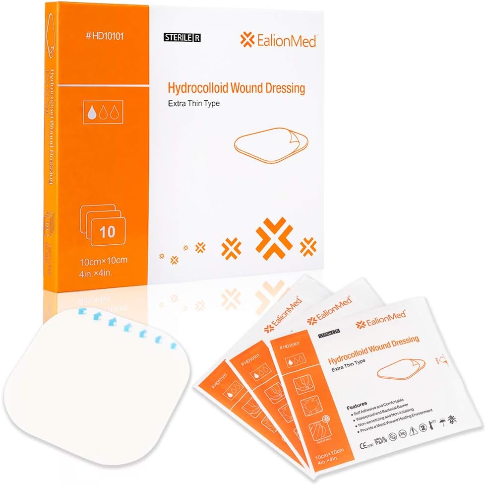 Hydrocolloid Bandage, Hydrocolloid Wound Dressing Extra Thin Type for Light Exudate Wound, Pressure Ulcer,Surgical Wound,Superficial Wound, 4''x 4'', 10 Pack, Waterproof,Bacteriaproof,Non-irritating: Health & Personal Care