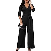 FANDEE Jumpsuit for Women|High Waisted Wide Leg Pant with Belt 3/4 Sleeve V Neck Casual Romper with Pocket