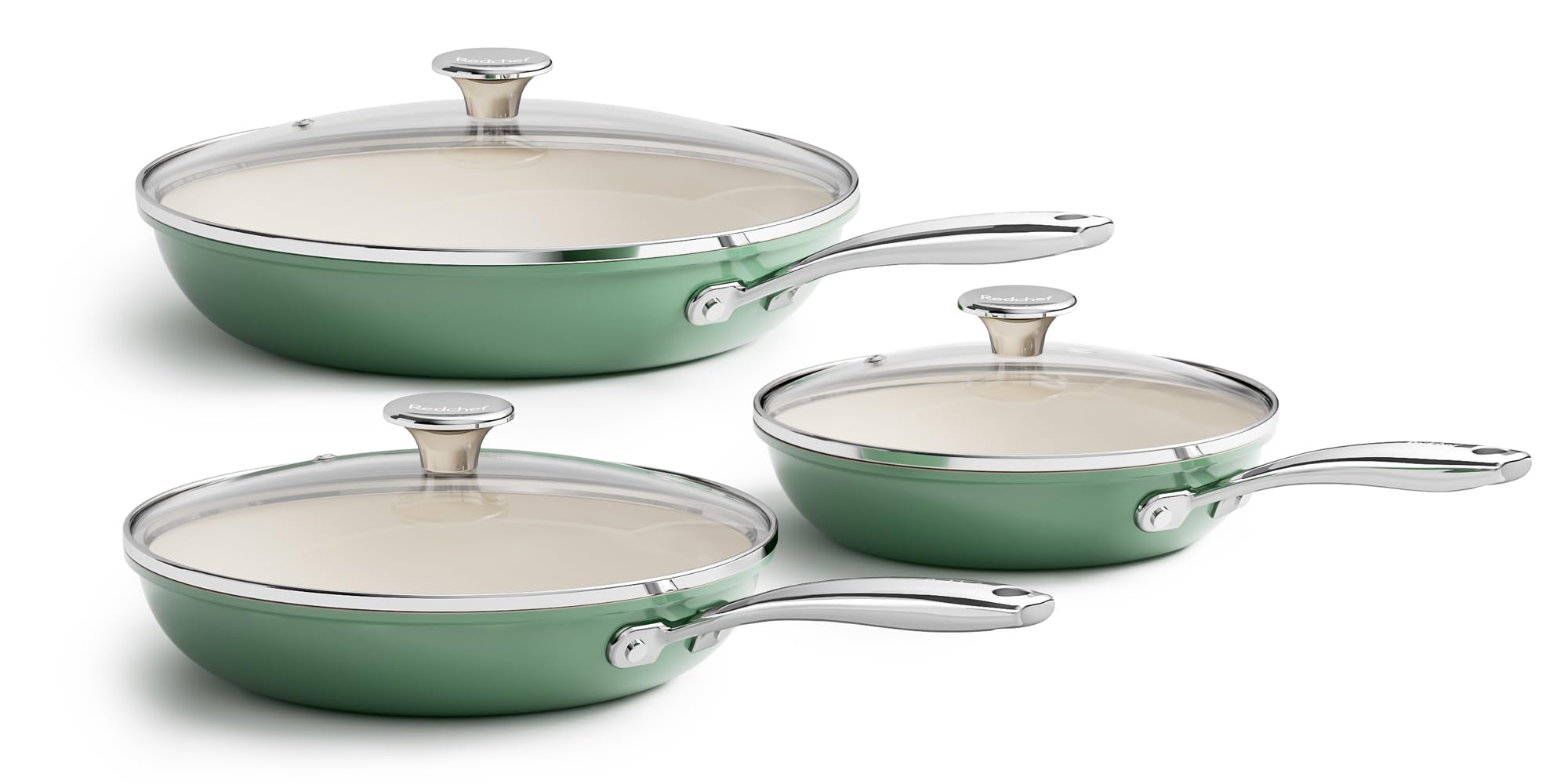 Photo 1 of Redchef Nonstick 6-Piece Fry Pan Set, 8, 9.5, and 11 Inch Frying Pans with Tempered Glass Lids, Stay-Cool Handles, Dishwasher & Oven Safe, Induction Safe, Compatible with All Cooktops, Green