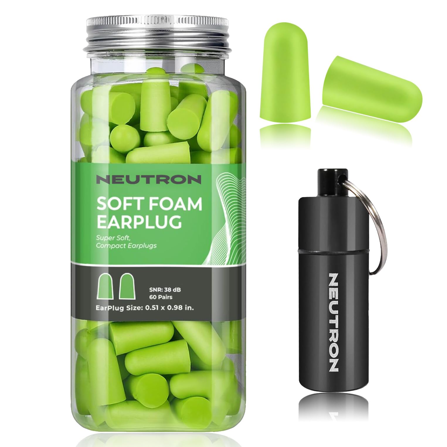 Neutron Soft Foam Ear Plugs with Travel Case - Noise Cancelling 38dB SNR - Earplugs for Sleeping, Travel, Concerts, Studying, Work, Loud Noise, Snoring - 60 Pairs - Green