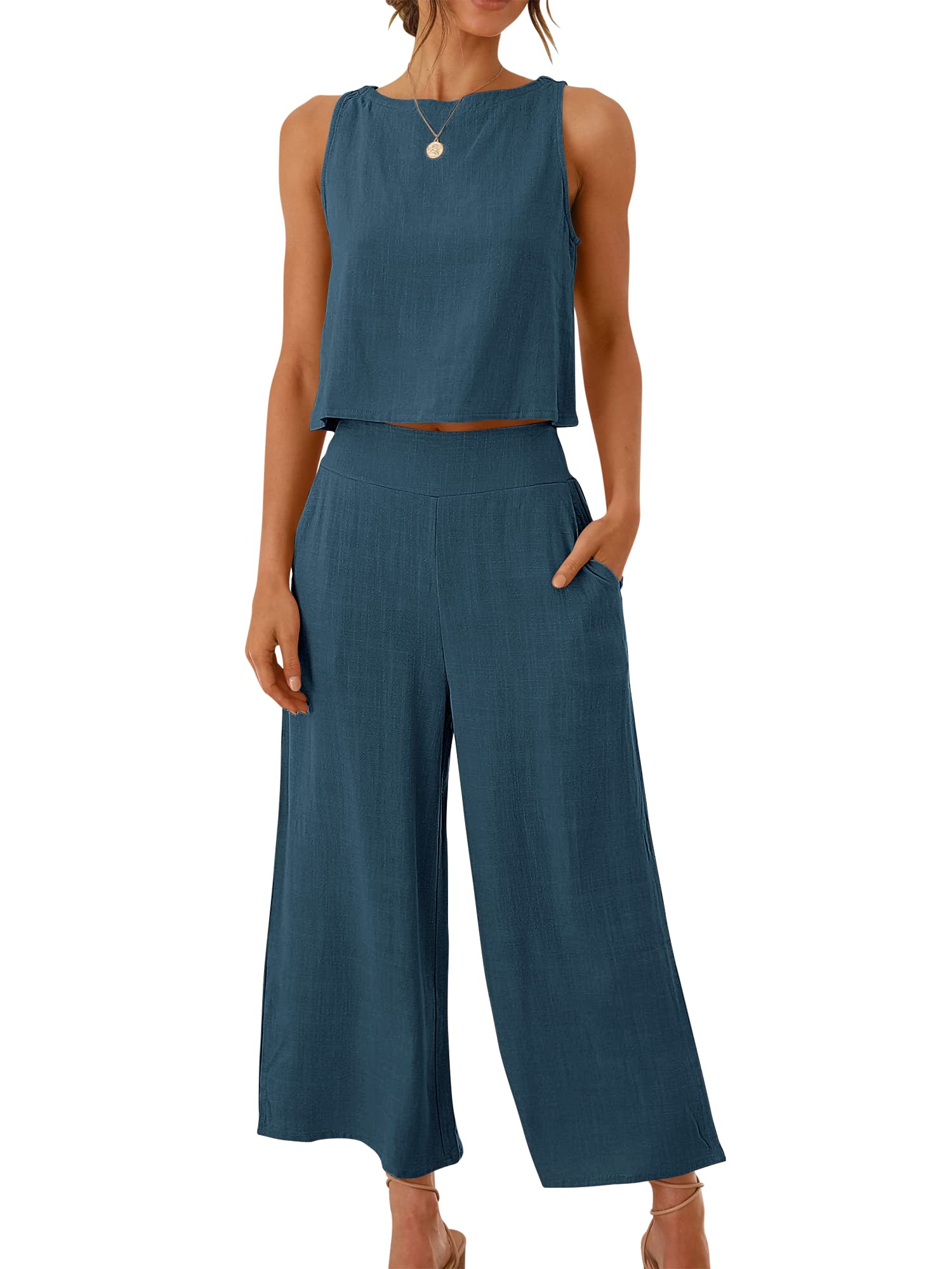 Photo 1 of ANRABESS Women's Summer 2 Piece Outfits Sleeveless Crop Top Capri Wide Leg Pants Jumpsuit Casual Linen Lounge Matching Sets Beach Travel 2025 Trendy Clothes Deep Blue Medium